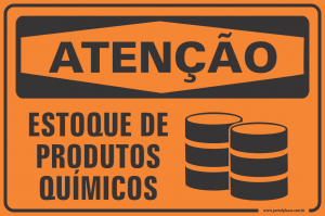 Placa - ATENÇÃO estoque de produto químico (PS)PLÁSTICO   LAMINAÇÃO  